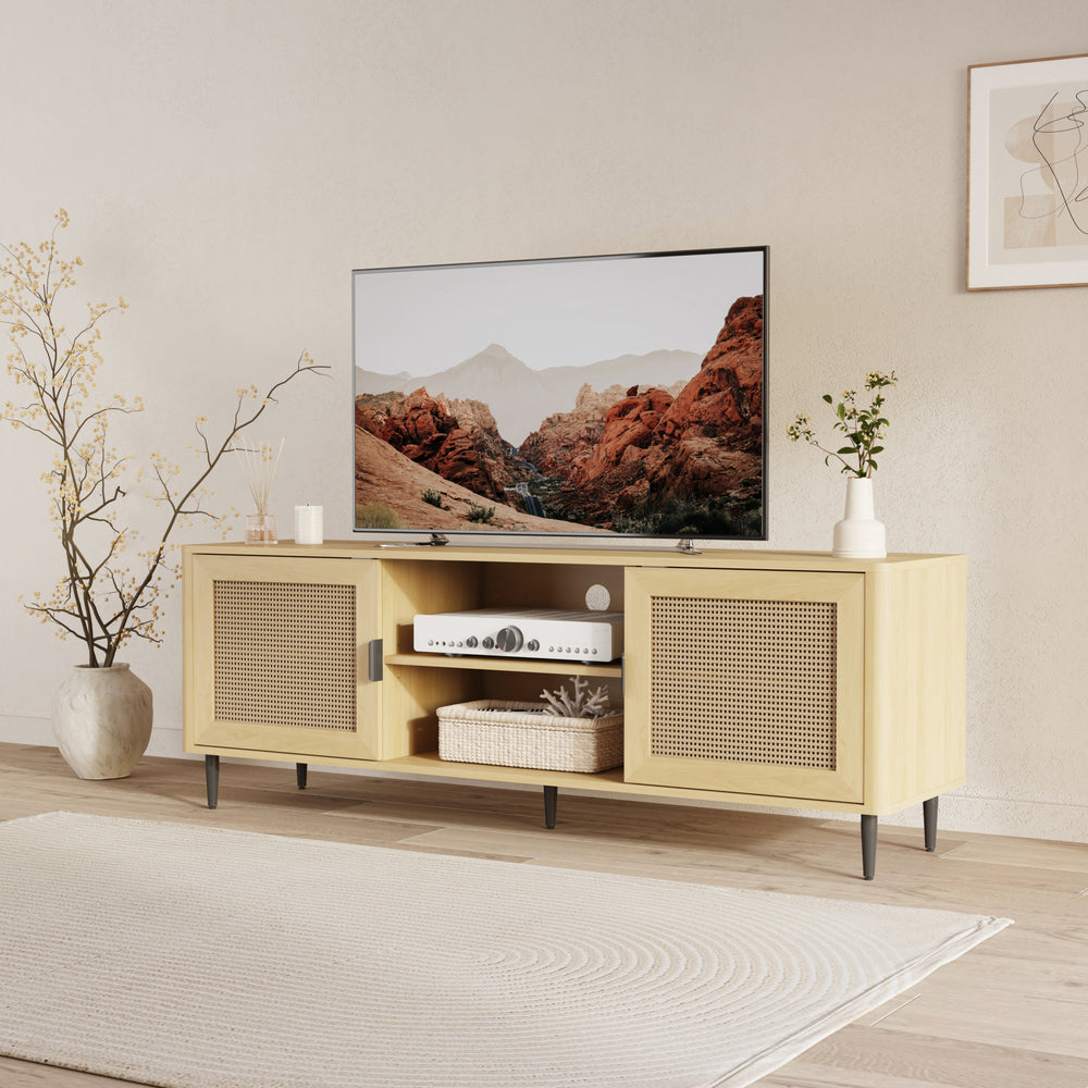 Szafka RTV Lukhomso 152x40x54 cm w optyce dębu/optyce rattanu [en.casa]