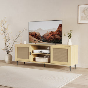 Szafka RTV Lukhomso 152x40x54 cm w optyce dębu/optyce rattanu [en.casa]