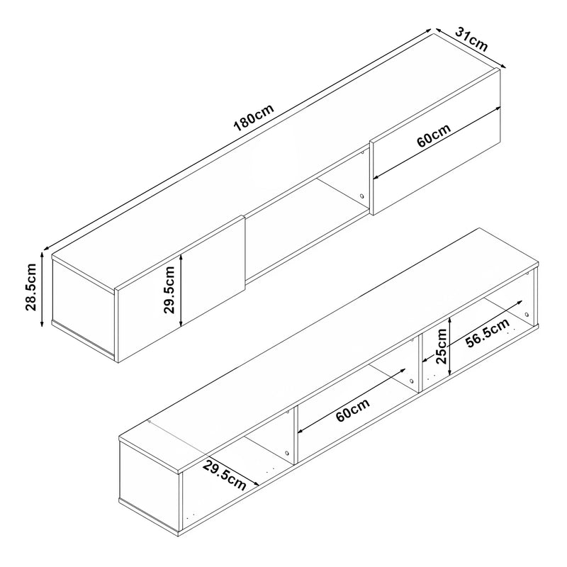 Szkic wymiarowy Szafka pod TV Paltamo 180x31x29,5cm w różnych kolorach [en.casa]