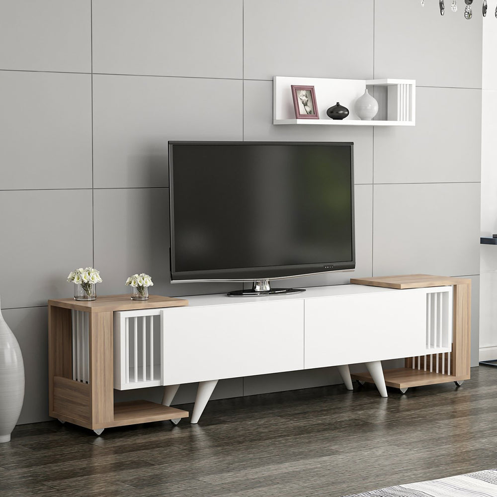 Stolik TV z półką i 2 stolikami bocznymi Glostrup dąb / biały [en.casa]