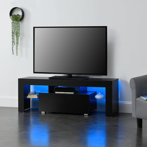 LED - stolik RTV Grimsey 130x35x45 cm z szufladą, półką szklaną, biały/czarny en.casa - premiumXL
