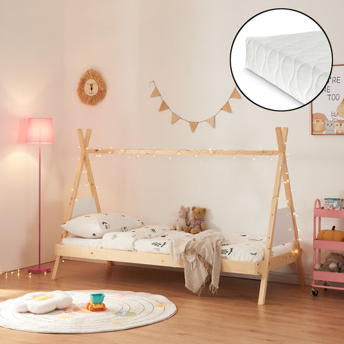 Tipi - łóżko Siikajoki z materacem 90x200cm drewno sosnowe naturalne [en.casa] - premiumXL