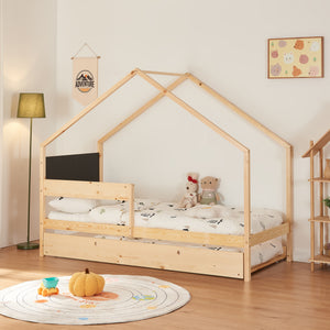Łóżko domek Sodankylä 90x200cm z wysuwanym łóżkiem drewno sosnowe naturalne [en.casa] - premiumXL