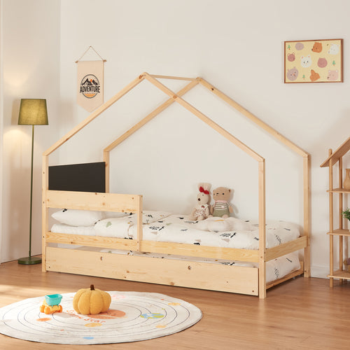 Łóżko domek Sodankylä 90x200cm z wysuwanym łóżkiem drewno sosnowe naturalne [en.casa] - premiumXL