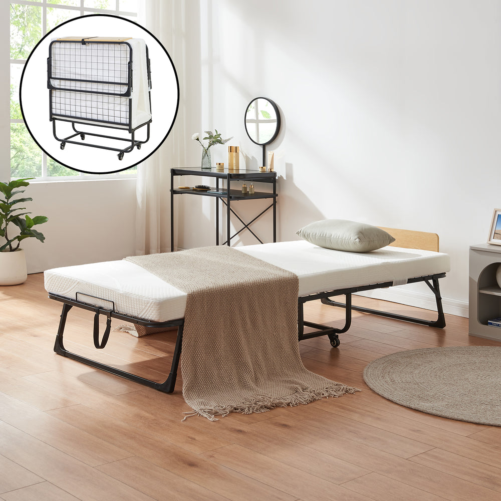 Metalowe łóżko składane Lustendi z materacem 200x90cm czarny/dąb [en.casa]