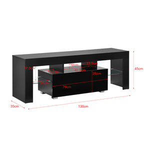 Stolik pod telewizor LED Grimsey 130x35x45 cm z szufladą szklaną półką biały/czarny en.casa