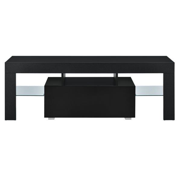 Stolik pod telewizor LED Grimsey 130x35x45 cm z szufladą szklaną półką biały/czarny en.casa