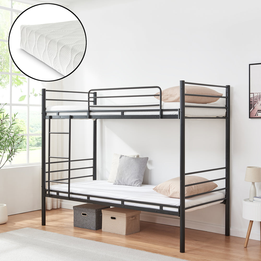 Bevapis metalowe łóżko piętrowe z 2 materacami 90x200 cm czarne [en.casa]