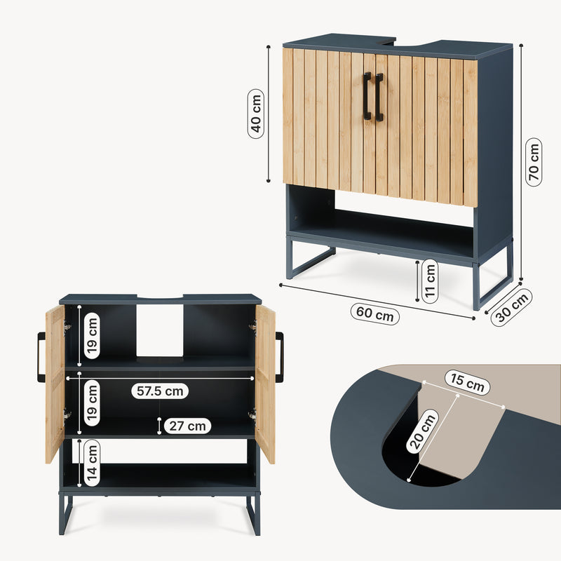 Szkic wymiarowy Szafka pod umywalkę Svanes 70x60x30 cm Ciemnoszary/Naturalny [en.casa]