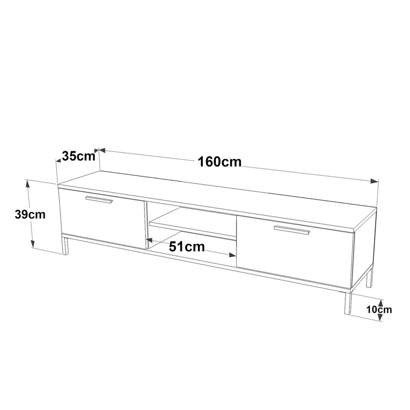Szkic wymiarowy Stolik RTV Lempäälä z 2 półkami 160 x 35 x 39 cm w różnych kolorach [en.casa]