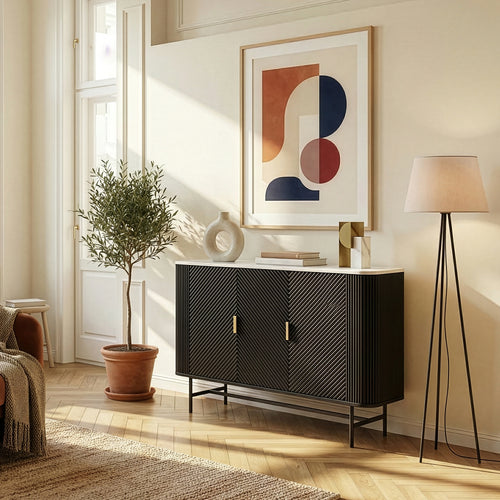 Sideboard Olvehok 110x40x77 cm czarny/efekt marmuru, biały [en.casa]